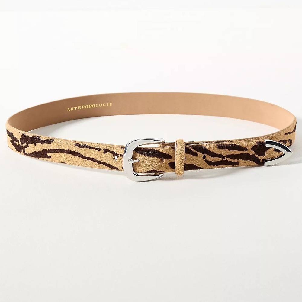 NWT Anthropologie Classic Western Belt Tiger Print‎ Calf Hair M Tan Skinny $78